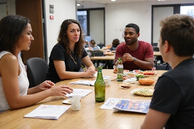Eine Gruppe von Menschen nimmt an einem interaktiven Ernährungs-Workshop teil, mit einem Dozenten an der Spitze und gesunden Snacks auf dem Tisch.
