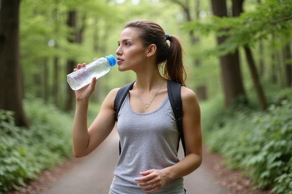 Eine Person trinkt Wasser aus einer wiederverwendbaren Flasche während eines Spaziergangs, symbolisiert Hydration und Bewegung.