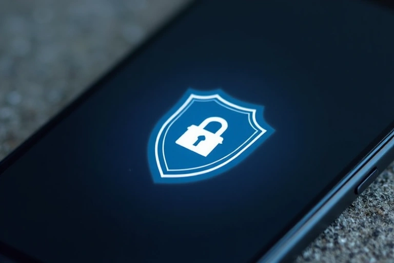 Datenschutz-Symbol mit einem Schild und einem Schloss auf einem Smartphone